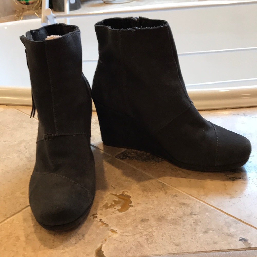 TOMS grey suede wedge booties